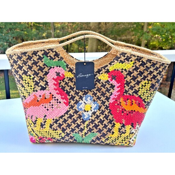 Banago Zippered Large Tote Artisan Hand Crafted Woven Straw Flamingo Liliana NWT - Picture 1 of 16